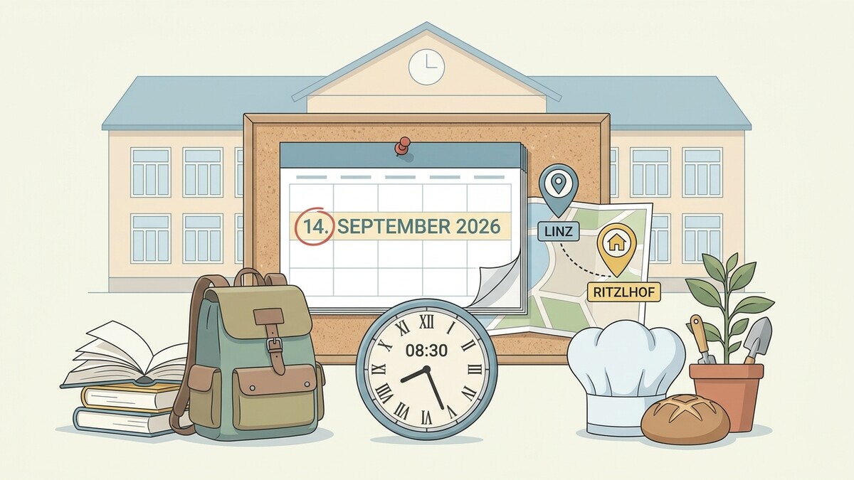 Schulbeginn 14. September 2026 in Linz, Ritzlhof mit Rucksack, Büchern, Uhr und Kochmütze.