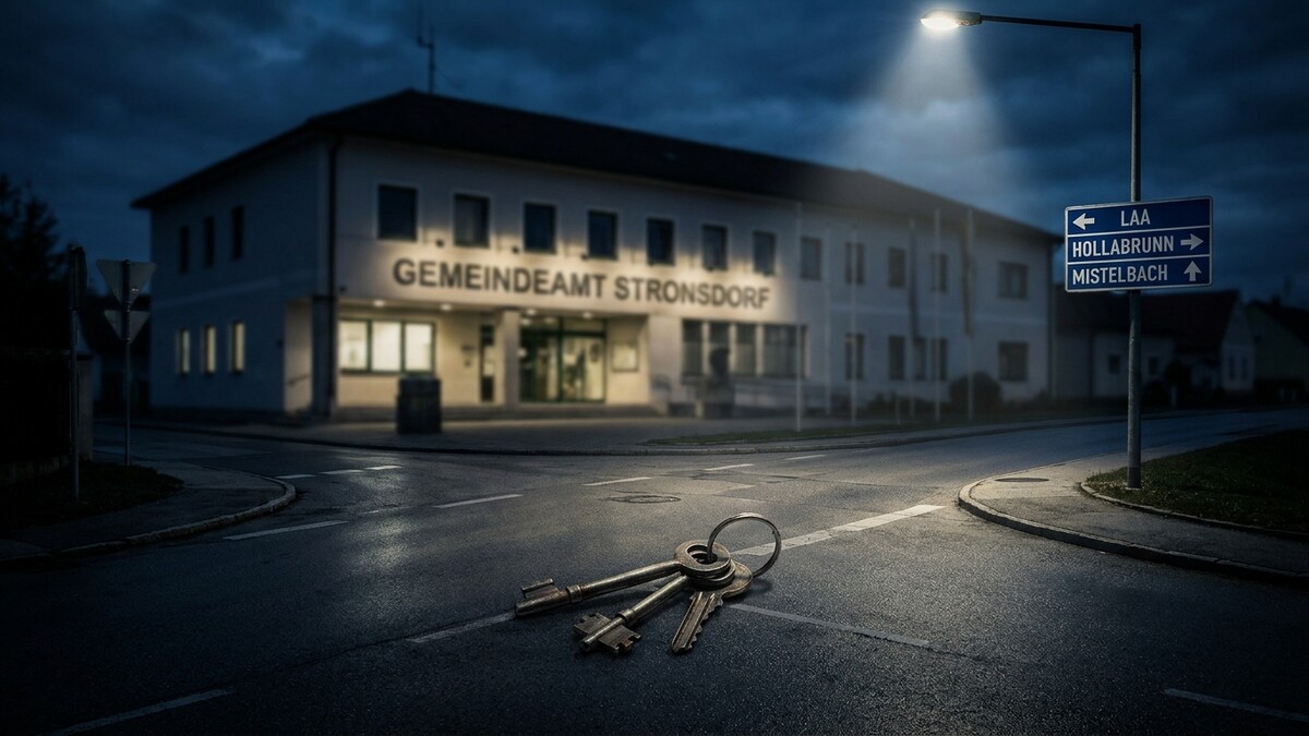 Schlüssel liegen vor dem beleuchteten Gemeindeamt Stronsdorf im Dunkeln.