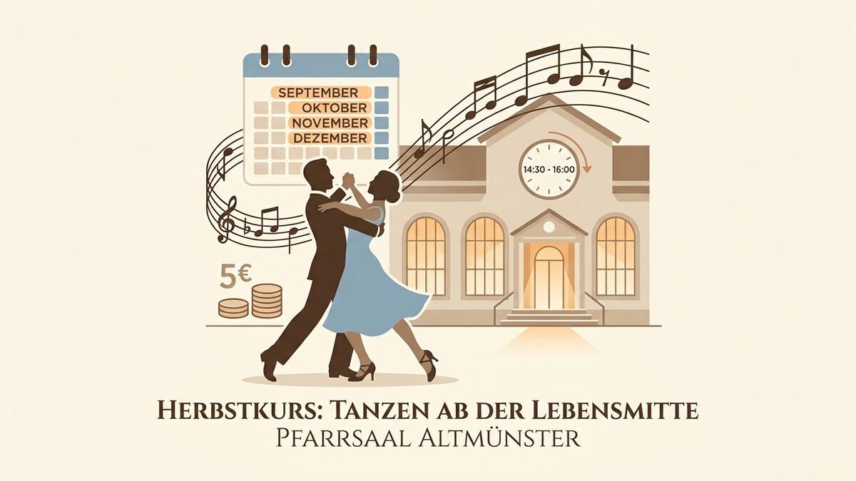 Tanzkurs im Pfarrsaal Altmünster mit Kalender, Noten und Uhrzeitangabe