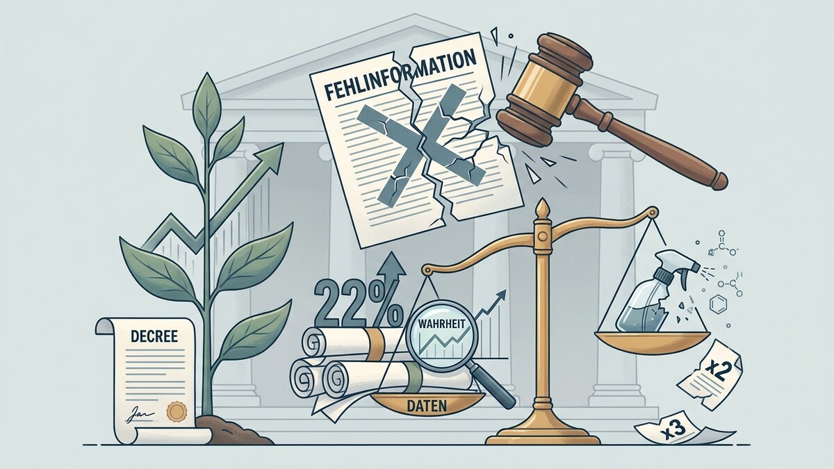 Fehlinformation zerrissen, Waage mit Reinigungsmittel und Daten, Gerichtsgebäude