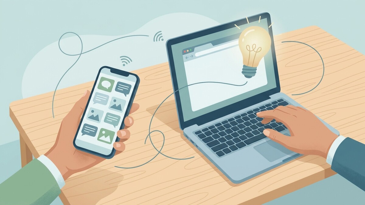Idee und Kommunikation: Smartphone und Laptop verbinden sich auf einem Holztisch.