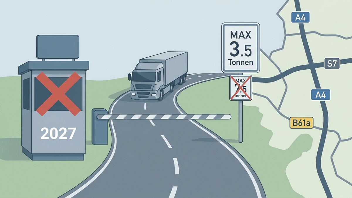 LKW-Mautkontrolle mit Verbotsschildern und Karte von Österreich mit Autobahnen A4, S7 und B61a.