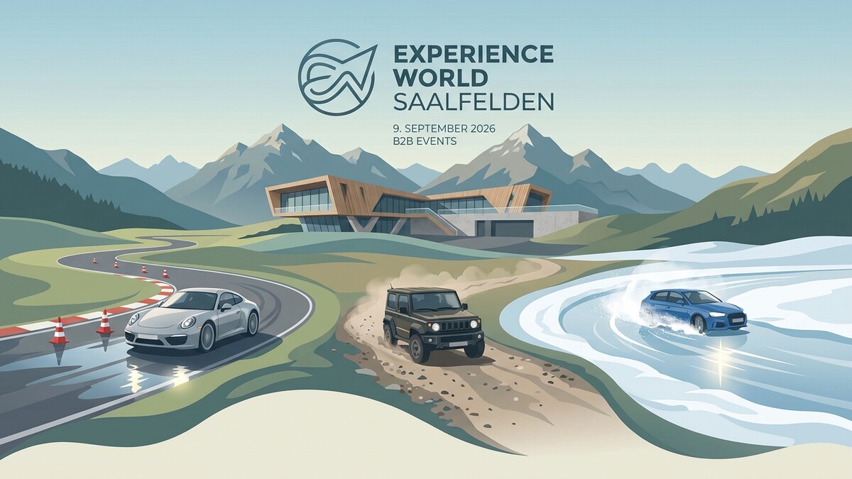 Experience World Saalfelden: Sportwagen auf Rennstrecke, Geländewagen auf Schotter, blauer Kombi auf Eis