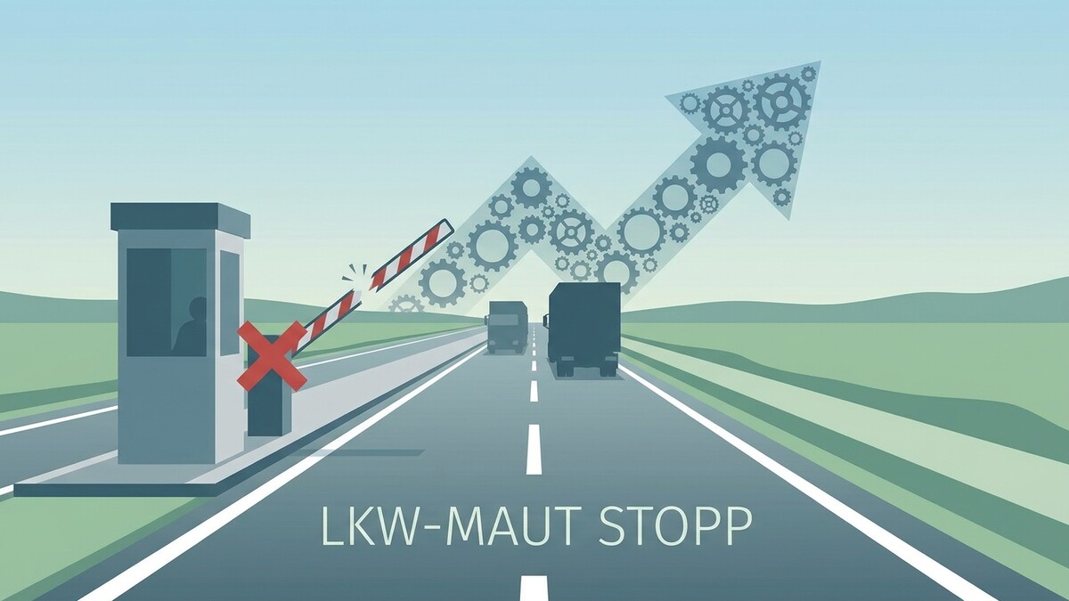 LKW-Maut Stopp: Mautstelle mit rotem Kreuz, zwei Lkws auf der Autobahn und Pfeil aus Zahnrädern