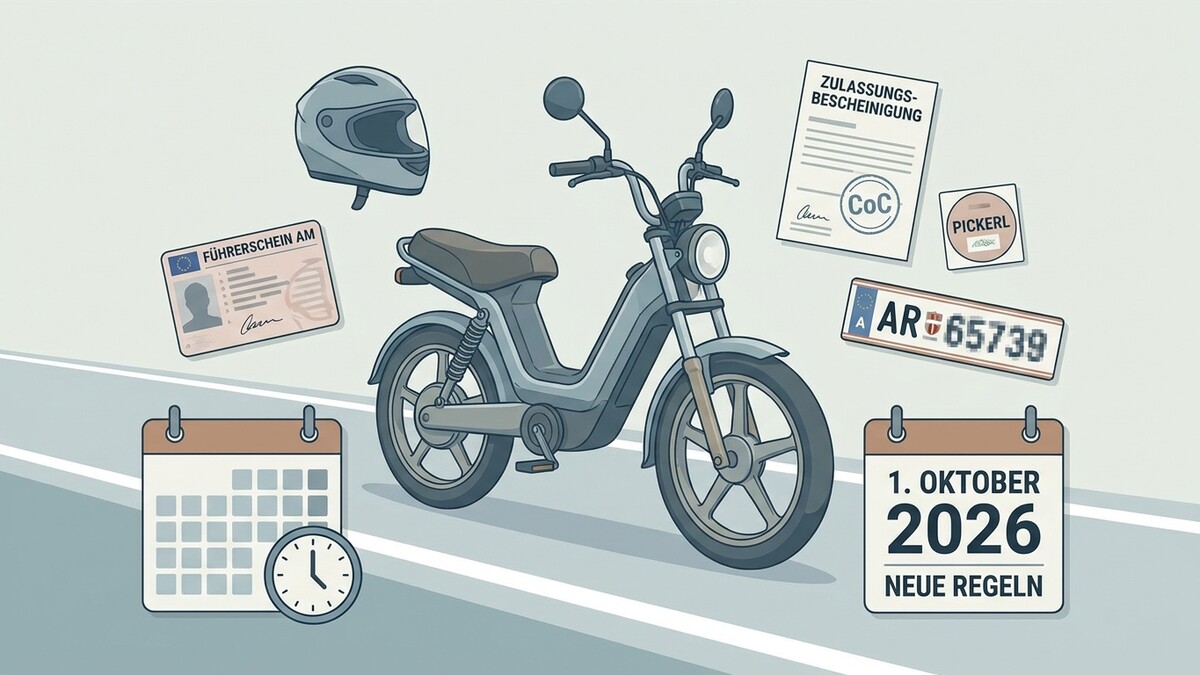 Moped, Führerschein AM, Zulassungsbescheinigung und Pickerl vor Kalender mit Datum 1. Oktober 2026