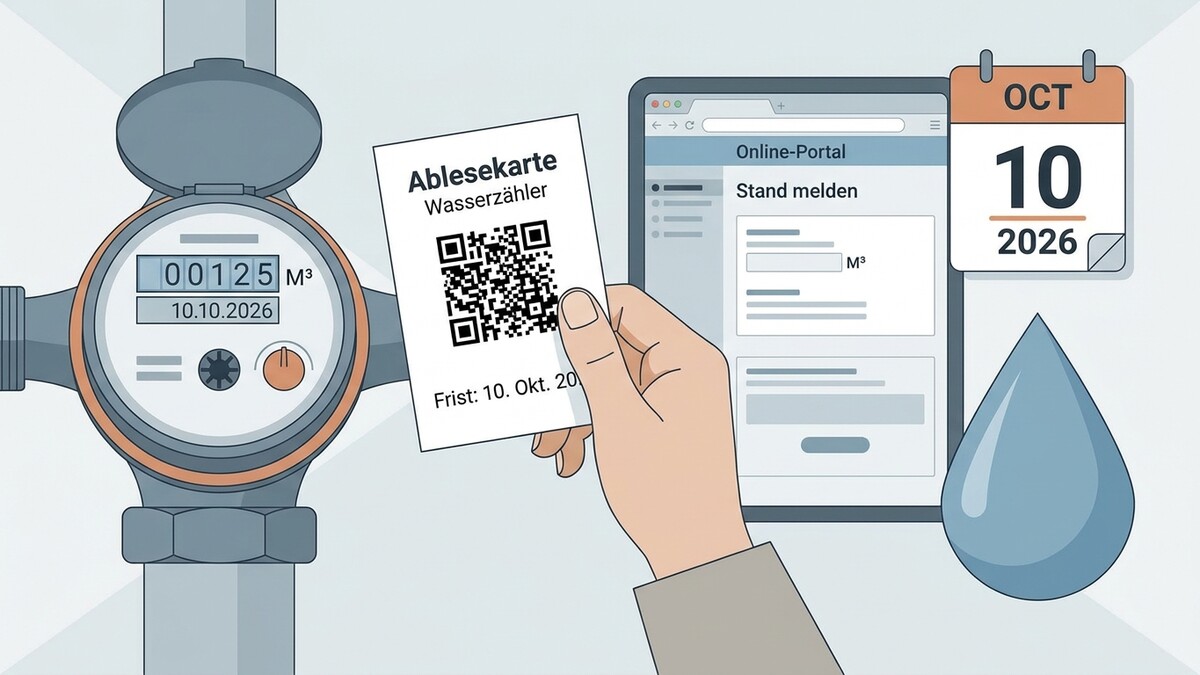 Wasserzählerablesung: QR-Code auf Ablesekarte wird vor Online-Portal und Kalender mit Frist 10.10.2026 gehalten.