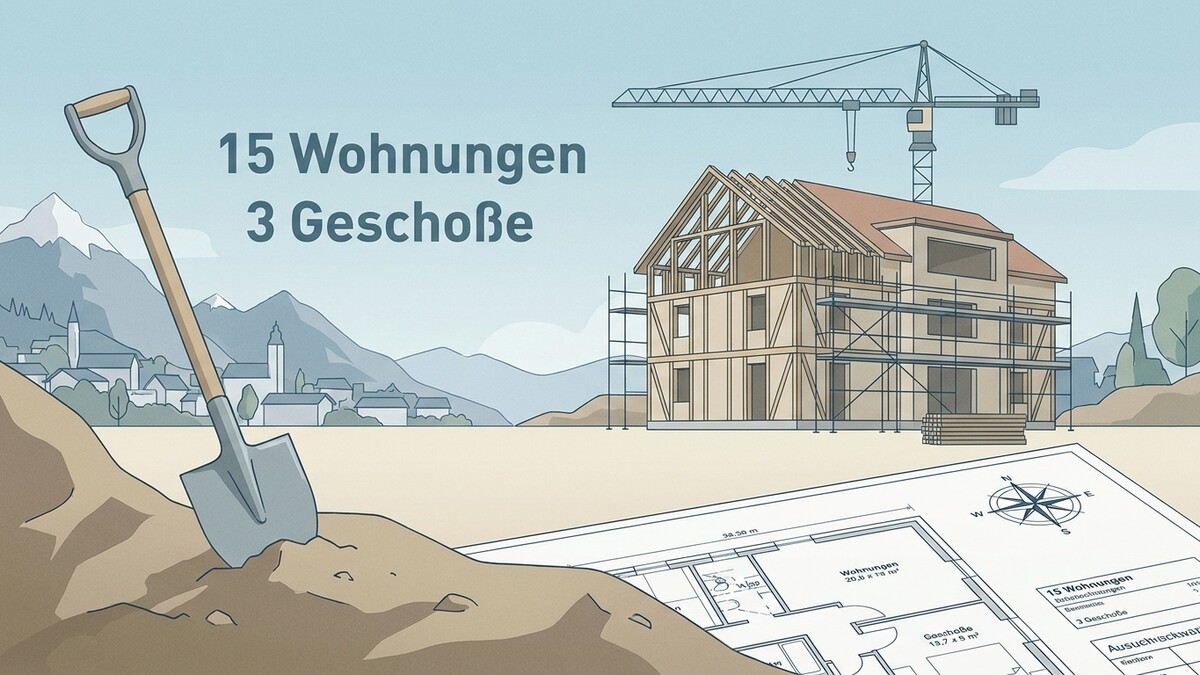 Bauprojekt: 15 Wohnungen, 3 Geschosse, mit Schaufel und Bauplan