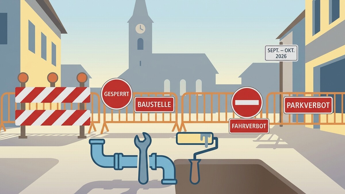 Baustelle mit Absperrungen, Verkehrsschildern und Werkzeugen in einer Stadt.