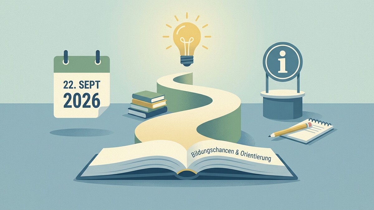 Bildungschancen & Orientierung: Kalender 22. Sept 2026, Glühbirne, Bücher, Info-Symbol, Notizblock