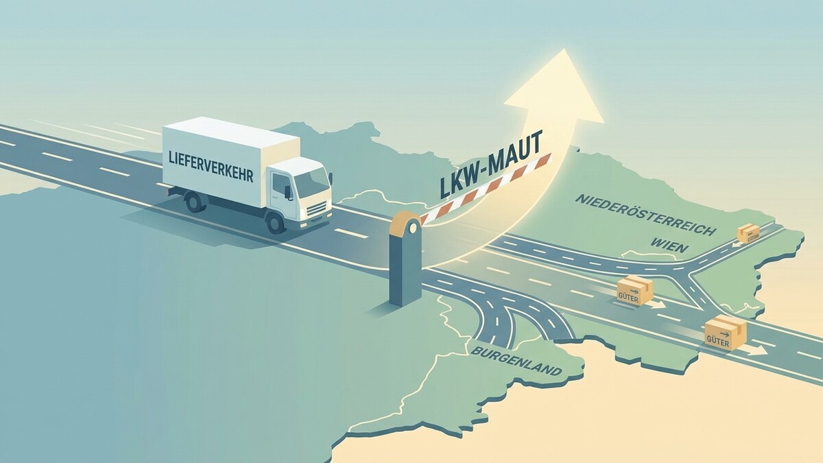 LKW-Maut auf der Fahrt durch Niederösterreich, Wien und das Burgenland mit Gütern.