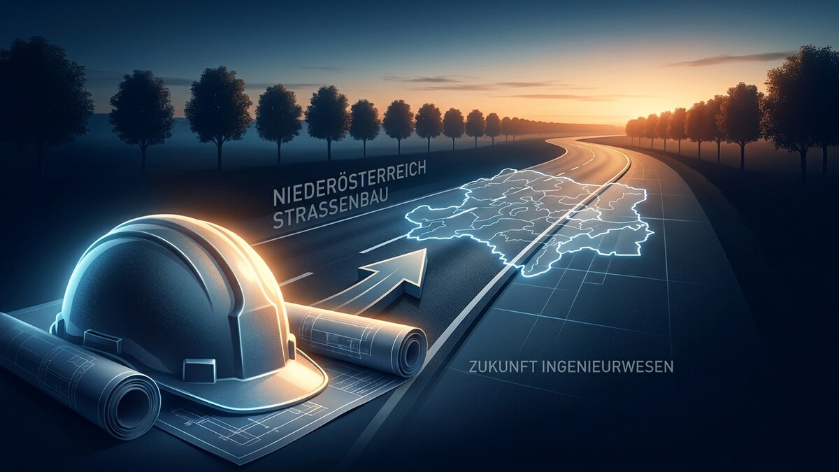 Niederösterreich Straßenbau: Schutzhelm und Baupläne auf einer Straße mit Karte von Niederösterreich