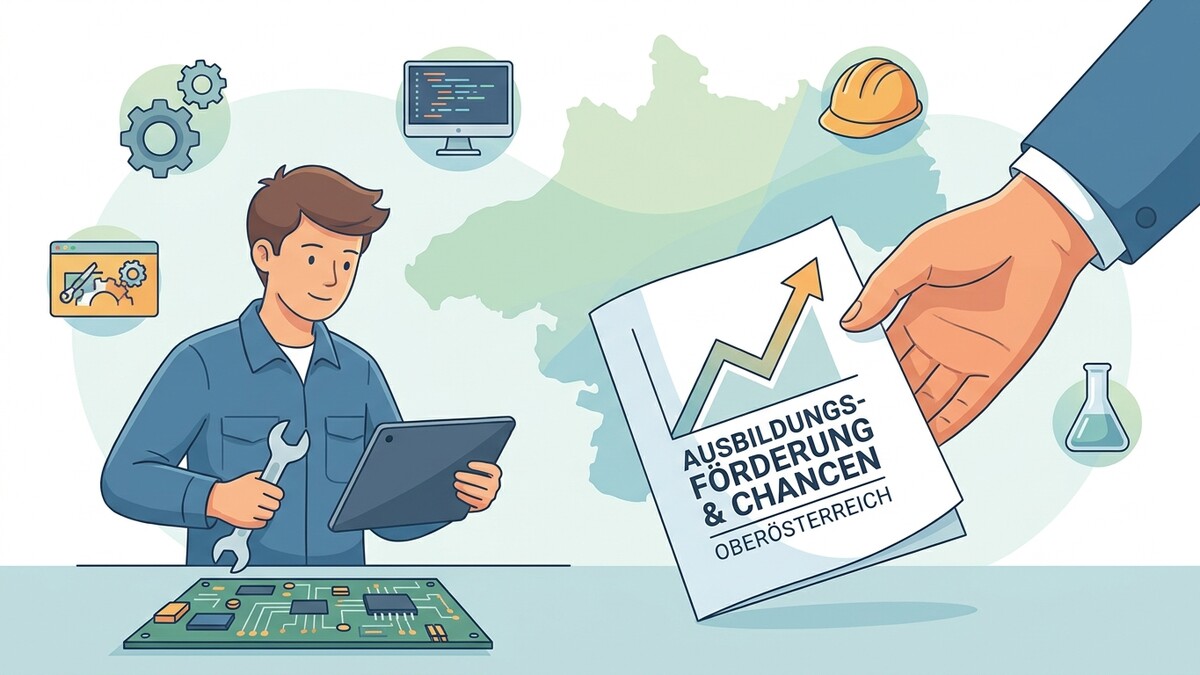 Ausbildung & Chancen Oberösterreich: Mann mit Werkzeug und Tablet, Dokument mit Grafik