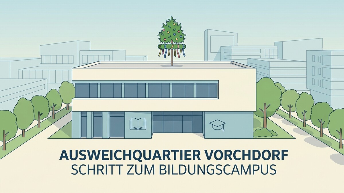 Ausweichquartier Vordorf: moderner Gebäudekomplex mit Maibaum vor Bildungscampus