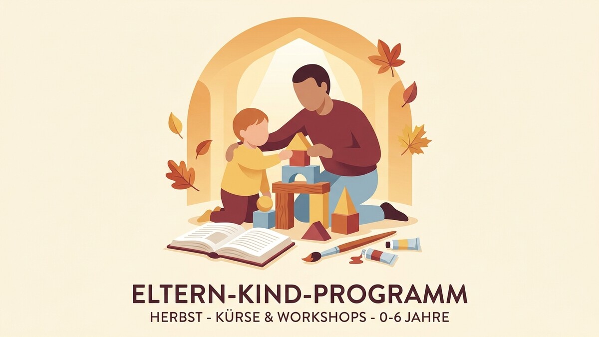 Eltern-Kind-Programm: Mann und Kind bauen mit Holzklötzen, daneben ein offenes Buch und Malutensilien.