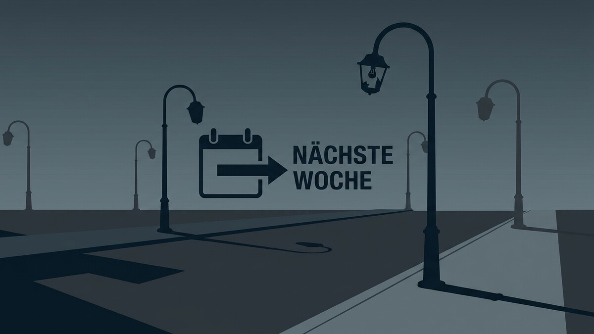 Kalender-Symbol mit Pfeil und Text „NÄCHSTE WOCHE" vor Laternen.