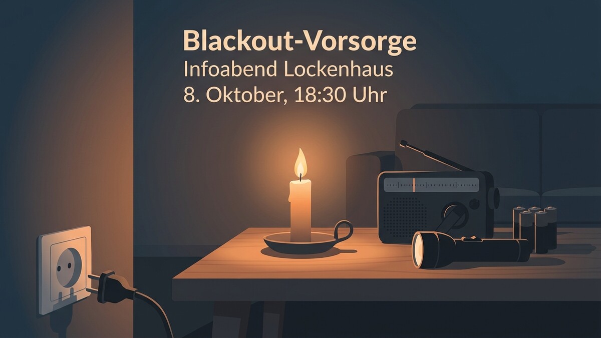Blackout-Vorsorge Infoabend Lockenhaus 8. Oktober 18:30 Uhr Kerze, Radio, Taschenlampe und Batterien auf Tisch