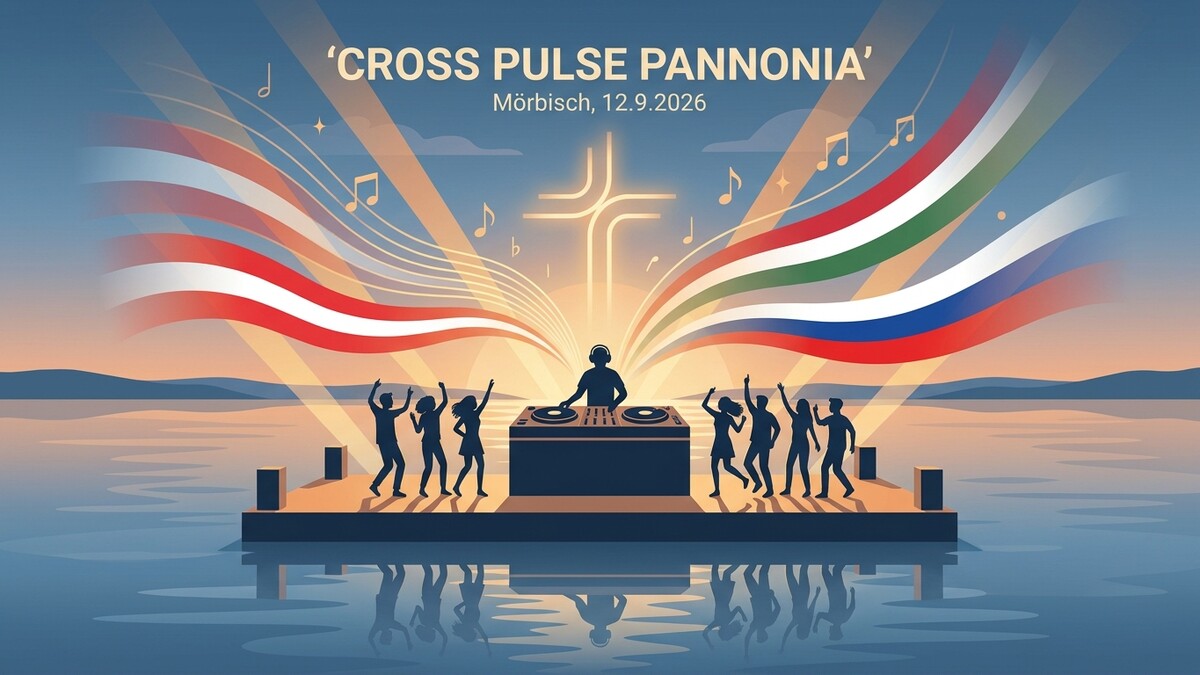 'Cross Pulse Pannonia' Mörbisch DJ mit tanzender Menge vor Fahnen und Kreuz