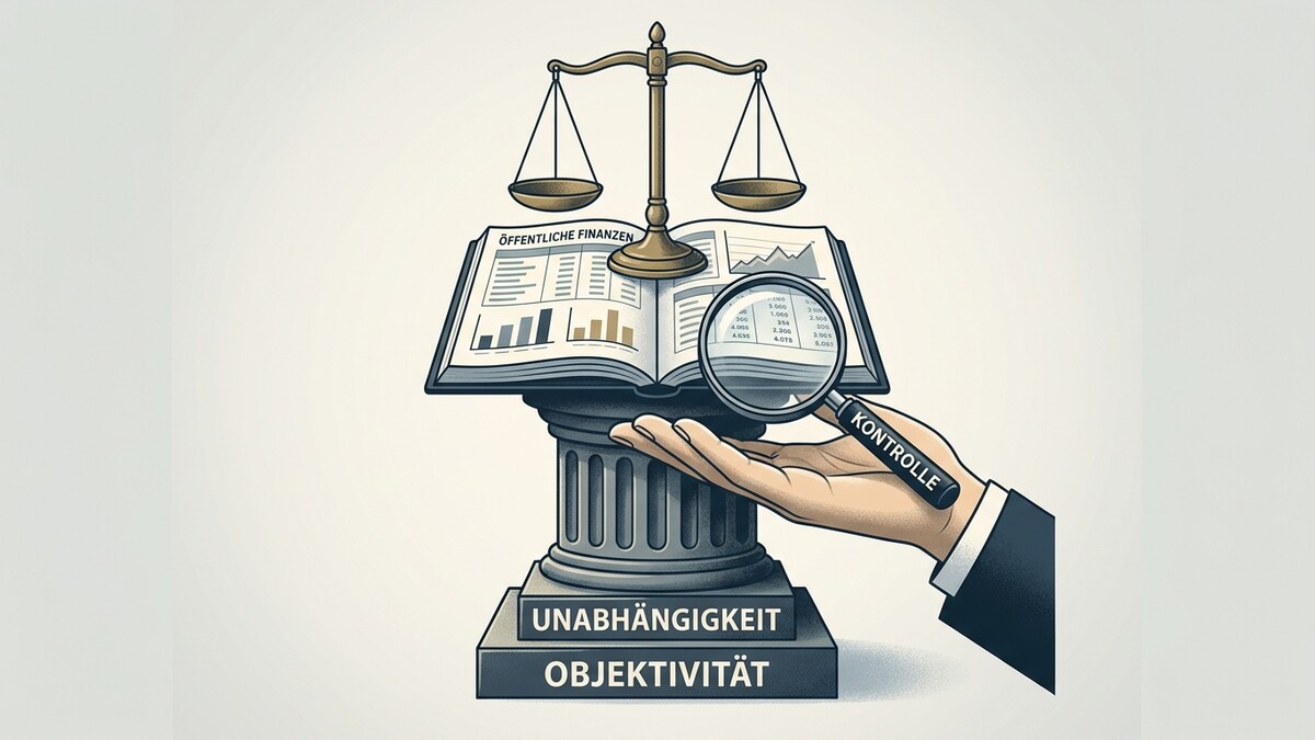 Öffentliche Finanzen Kontrolle mit Lupe auf Buch mit Waage auf Säule, Unabhängigkeit Objektivität