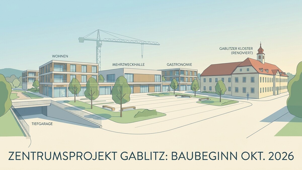 Zentrumsprojekt Gablitz: Wohnen, Mehrzweckhalle, Gastronomie, renoviertes Kloster, Tiefgarage