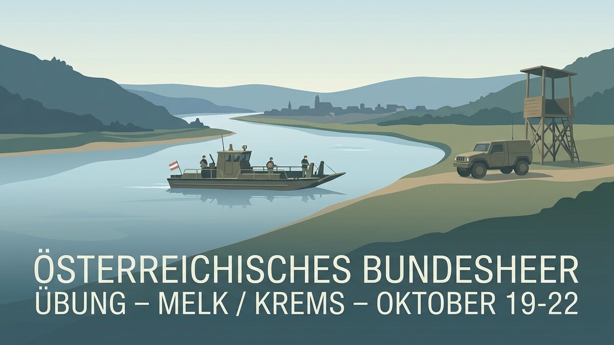 Bundesheer Übung bei Melk/Krems mit Boot, Jeep und Beobachtungsturm am Fluss