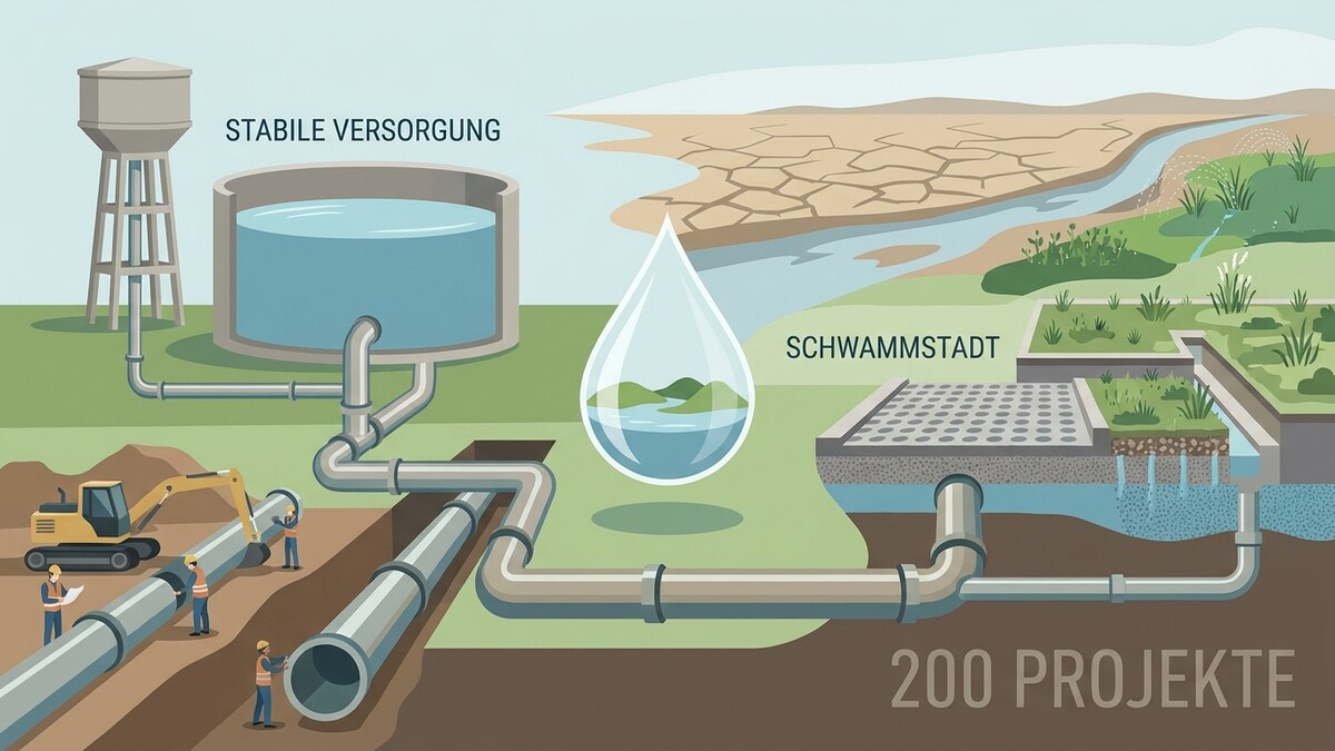 Wasserversorgung und Schwammstadt: Bau von Leitungen und Begrünung für 200 Projekte