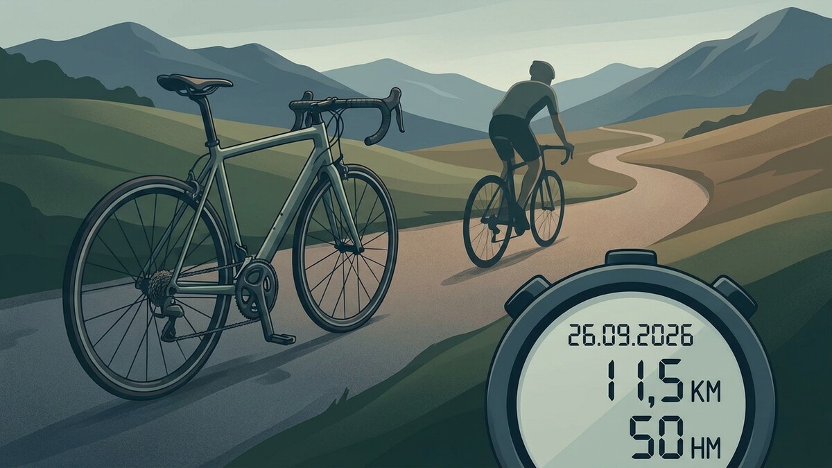 Rennradfahrer auf Bergstraße mit Stoppuhr, 26.09.2026, 11,5 km, 50 hm