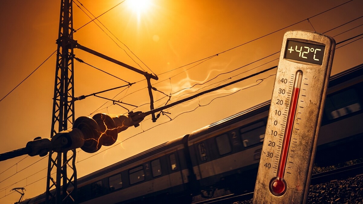 Hitzewelle: Thermometer zeigt 42 Grad Celsius bei Stromleitungen und Zug