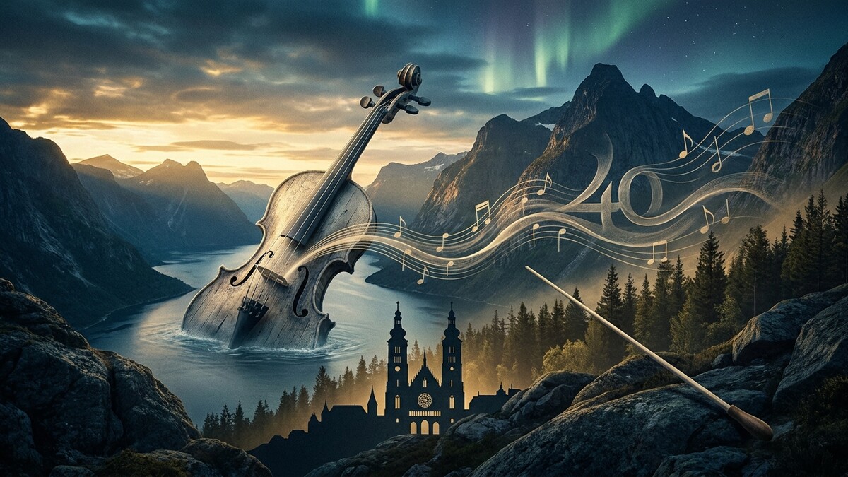 Geige im Fjord mit Noten und Dirigentenstab vor Bergkulisse und Kirche