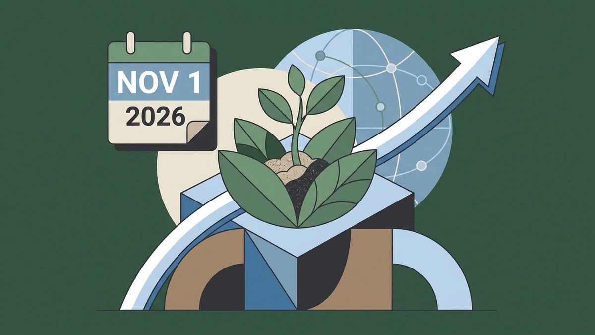 Wachstum, Kalenderblatt mit 1. November 2026, Erde und Pflanze, Globus und Pfeil