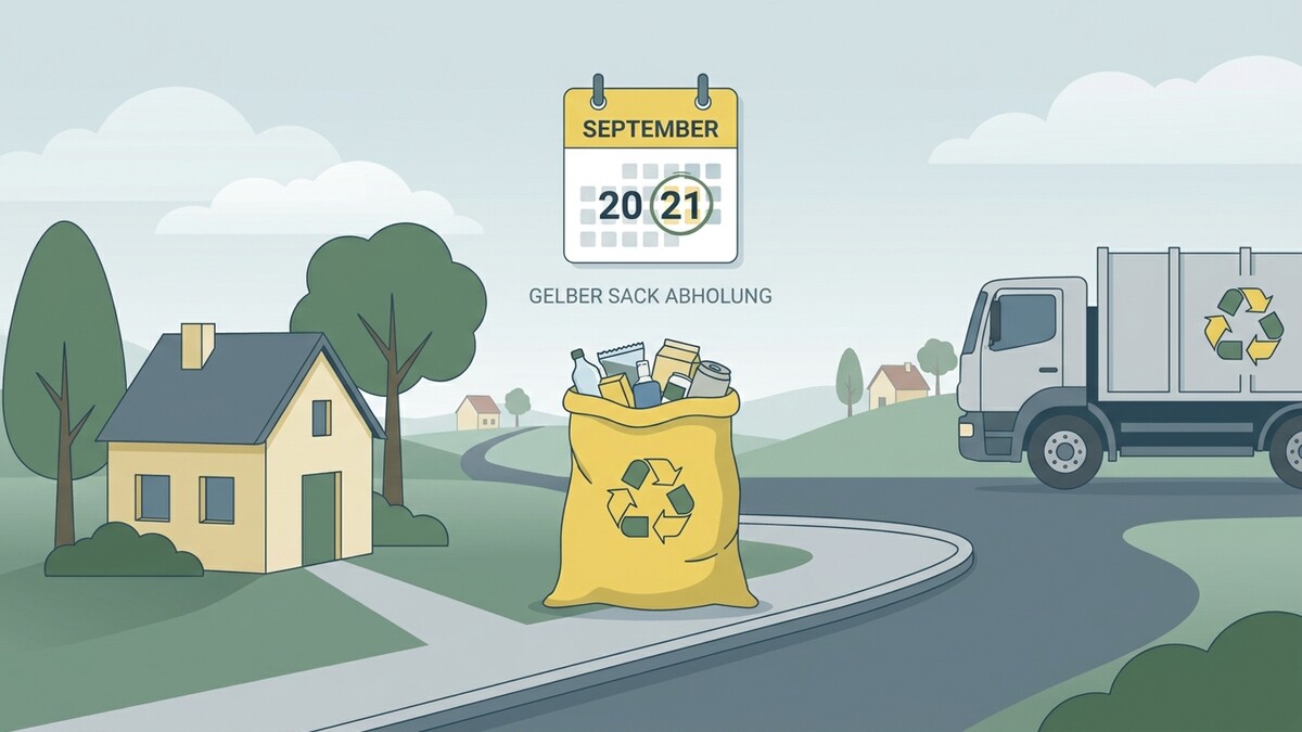 Gelber Sack Abholung im September 2021 mit Haus und Müllwagen