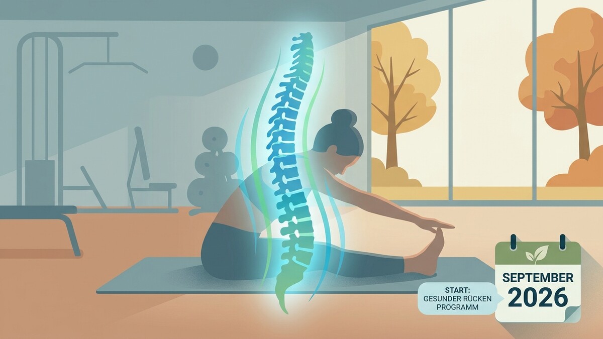 Frau dehnt sich im Fitnessstudio mit leuchtender Wirbelsäule, Kalender September 2026
