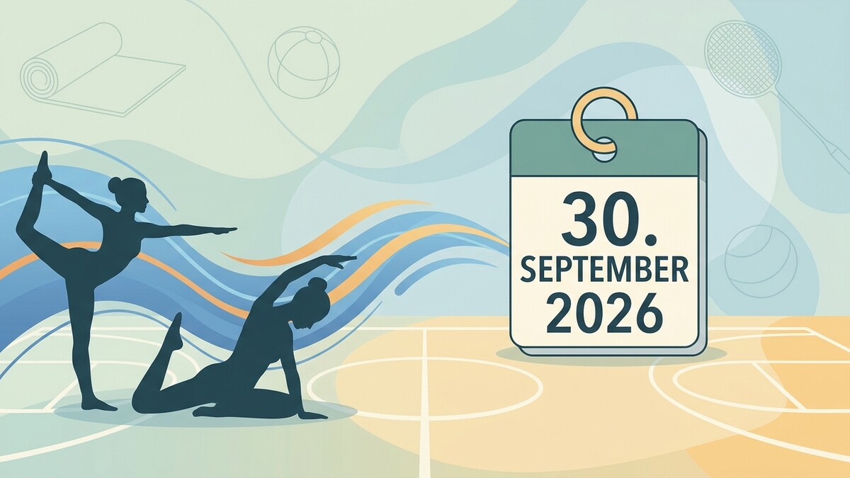 30. September 2026 Kalender mit Yoga-Silhouetten und Sportgeräten