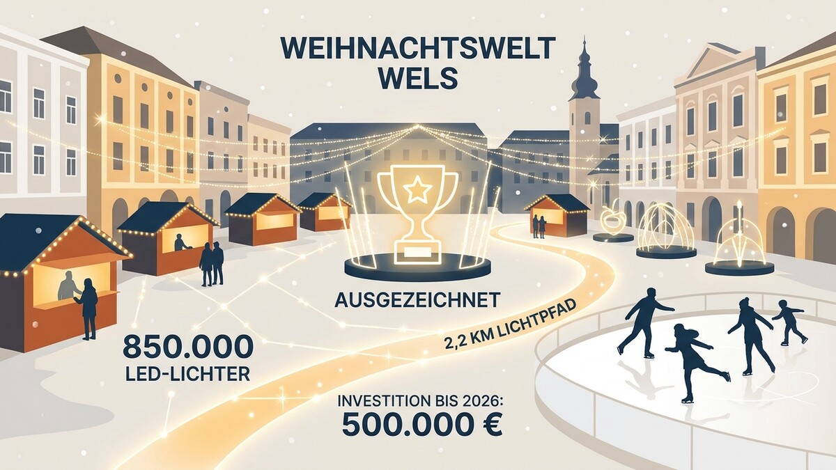 Weihnachtswelt Wels mit Eislaufplatz, Buden und 850.000 LED-Lichtern