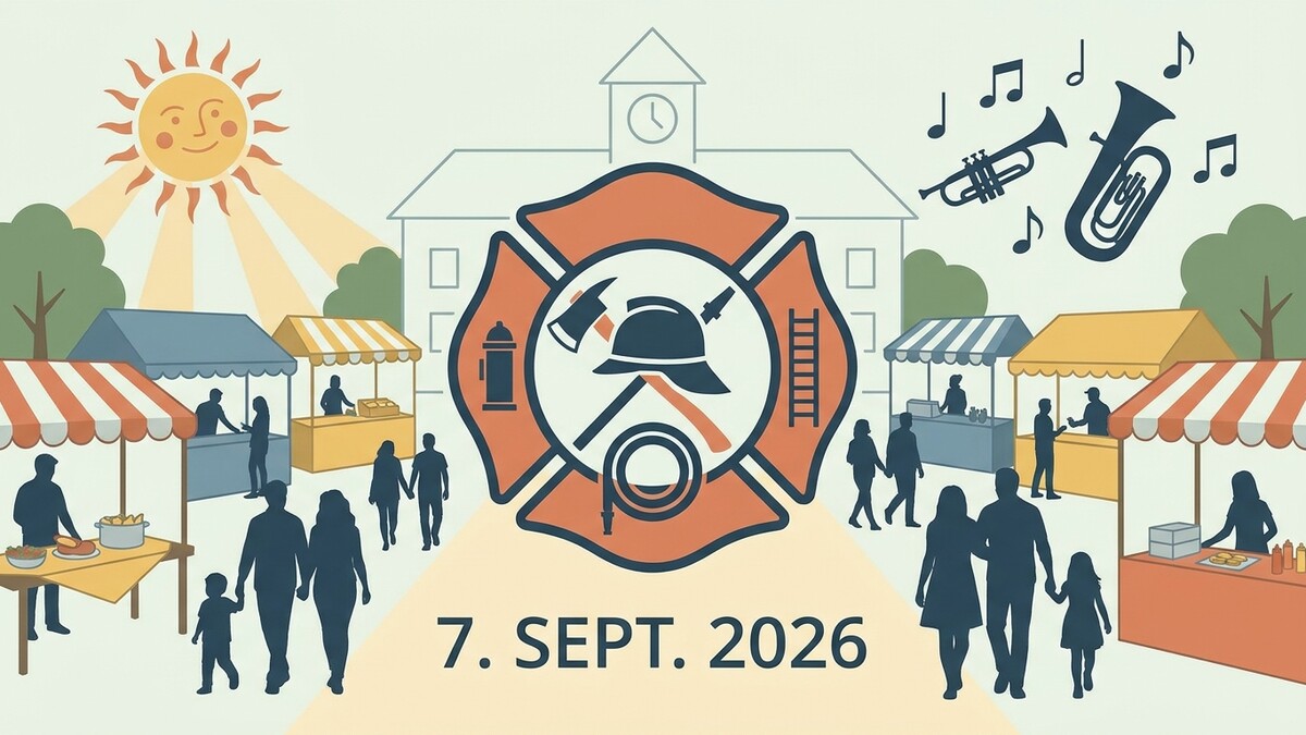 Feuerwehrfest mit Markt und Musik am 7. September 2026 vor einem Gebäude mit Turmuhr.