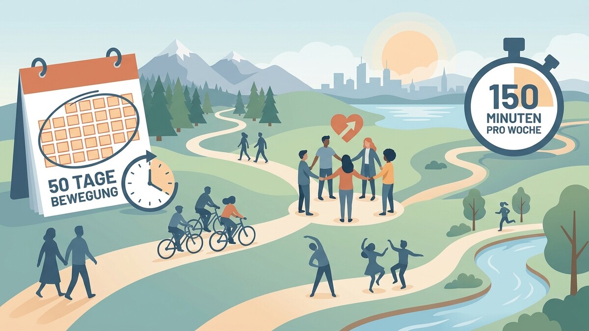 Bewegung: Kalender mit 50 Tagen, Stoppuhr mit 150 Minuten, Menschen beim Radfahren, Tanzen, Laufen und Spazierengehen in einer Parklandschaft