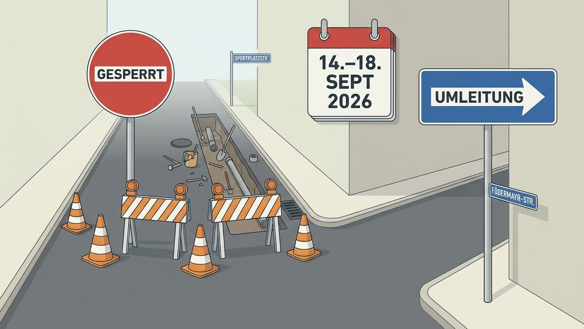 Straßensperre mit Umleitung und Kalender: 14.–18. Sept. 2026, Födermayr-Str.