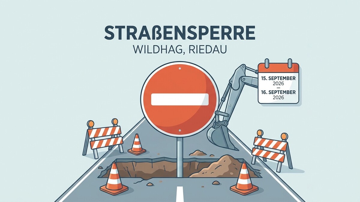 Straßensperre Wildhag, Riedau: Bagger, Absperrungen, Pylone und Kalender mit 15. und 16. September 2026