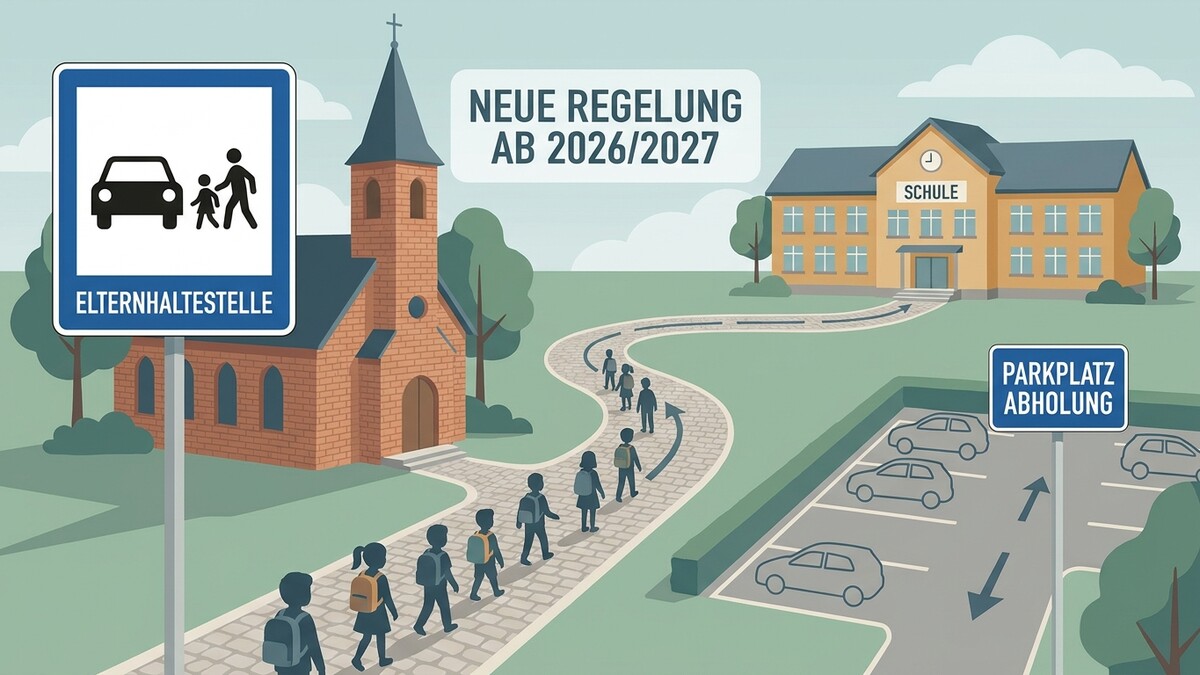 Schüler gehen zur Schule, Elternhaltestelle und Parkplatz Abholung sind zu sehen.