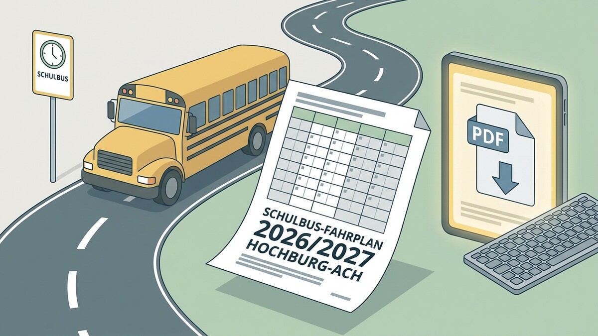 Schulbus-Fahrplan 2026/2027 Hochburg-Ach, gelber Schulbus und Tablet mit PDF
