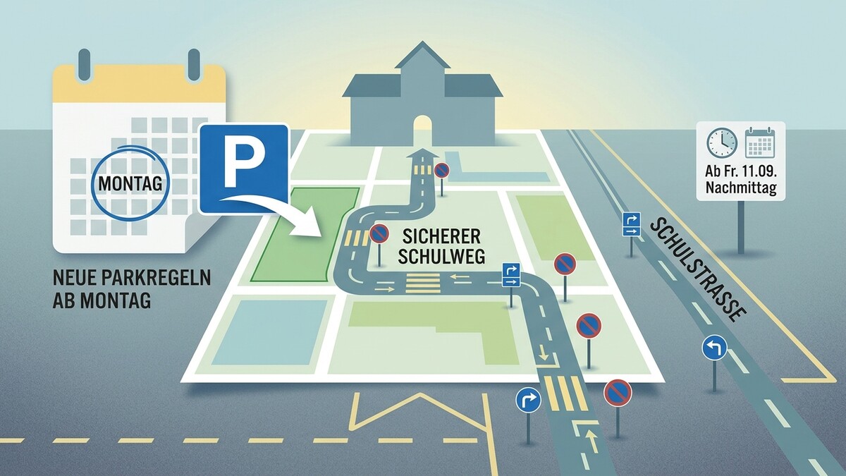 Neue Parkregeln ab Montag: Kalender, Parkplatzsymbol und Schulweg mit Verkehrsschildern.