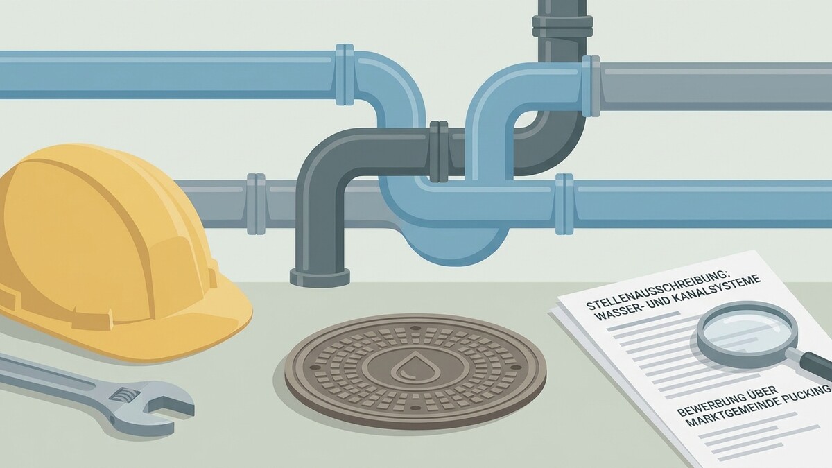 Wasser- und Kanalsysteme: Helm, Rohre, Gullydeckel und Stellenanzeige