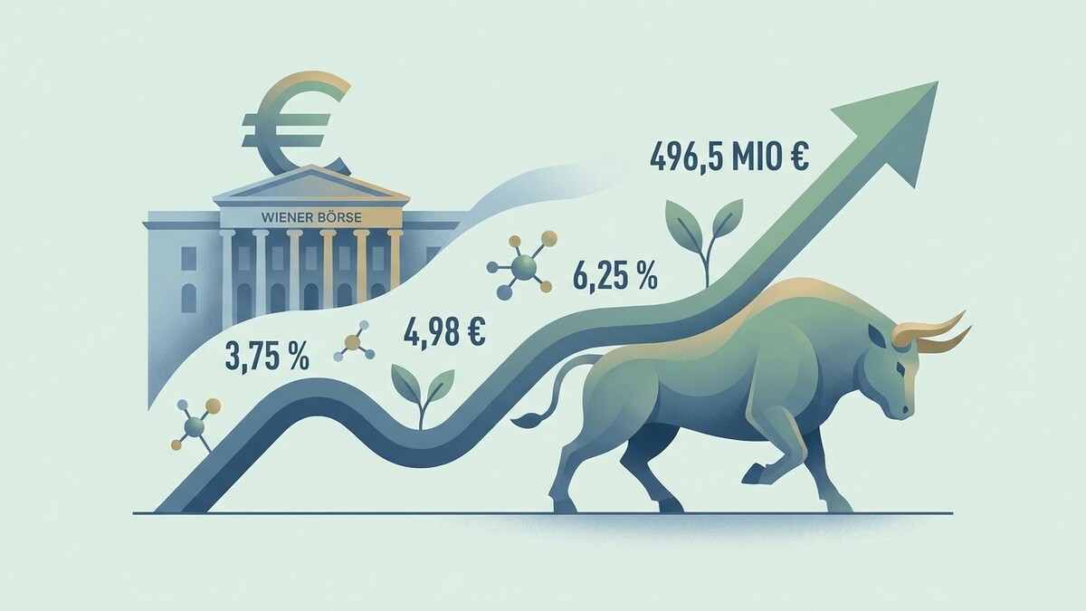 Wiener Börse mit Euro-Symbol, steigende Kurse, Bullenmarkt und 496,5 Mio. €