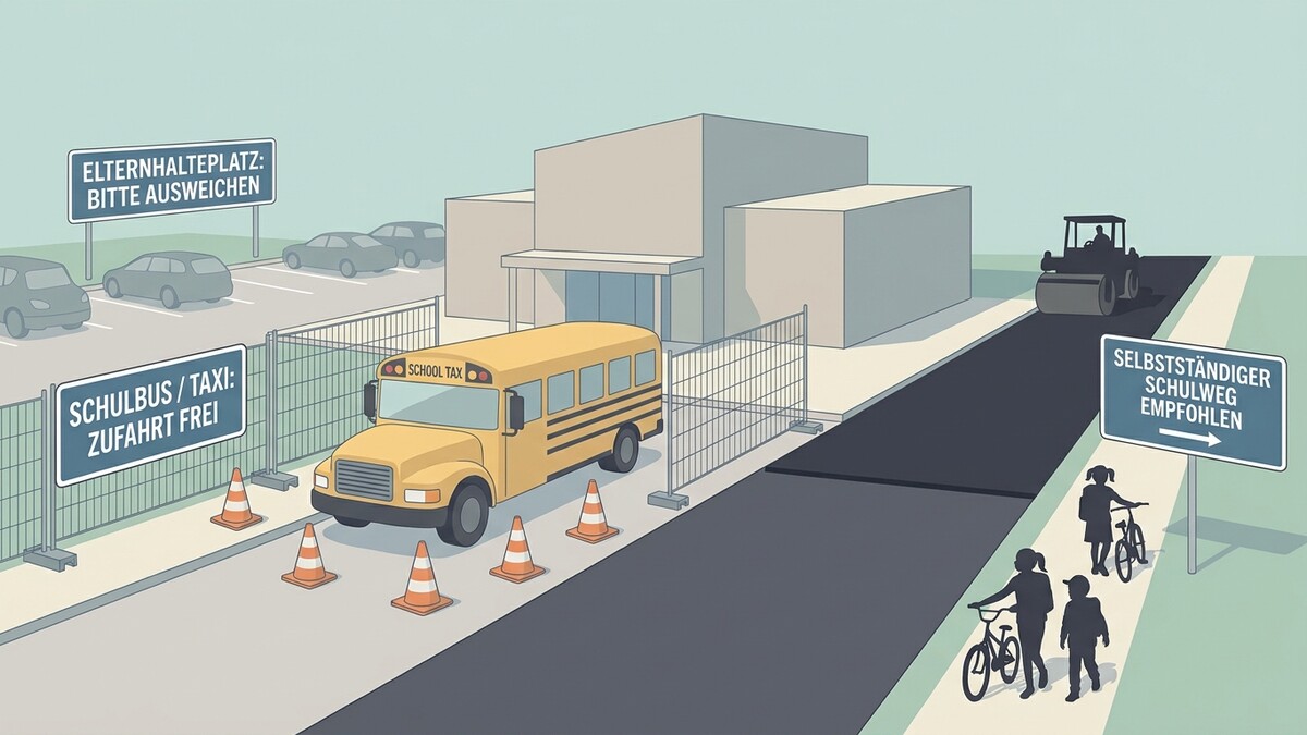 Schulbus vor Schule, Kinder mit Fahrrädern auf Schulweg, Bauarbeiten