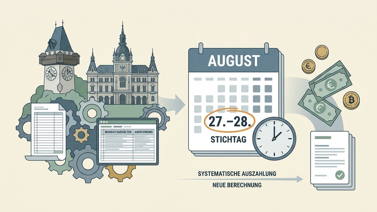 Grazer Uhrturm und Landhaus, Kalender mit Stichdatum 27.-28. August, Geld und Bitcoin