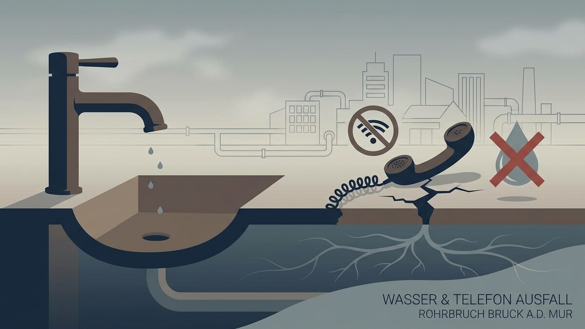 Wasser- und Telefon-Ausfall durch Rohrbrüche in Bruck a.d. Mur, mit Symbolen für kein WLAN und kein Wasser.
