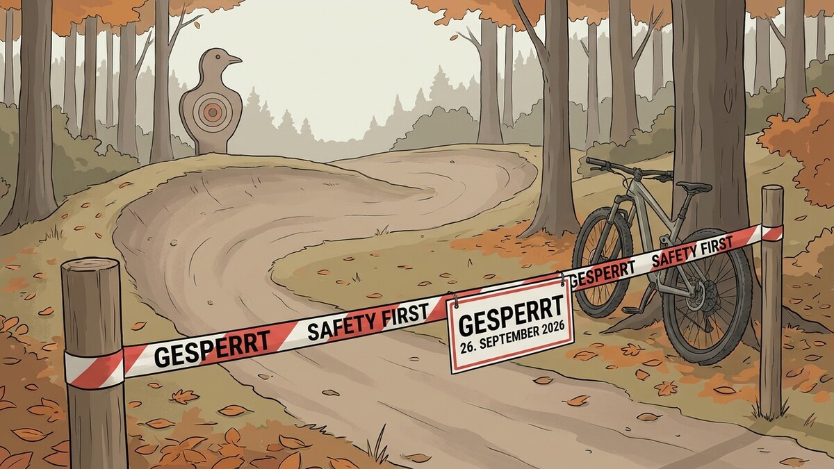 Gesperrte Mountainbike-Strecke im Wald mit Zielscheibe und Absperrband