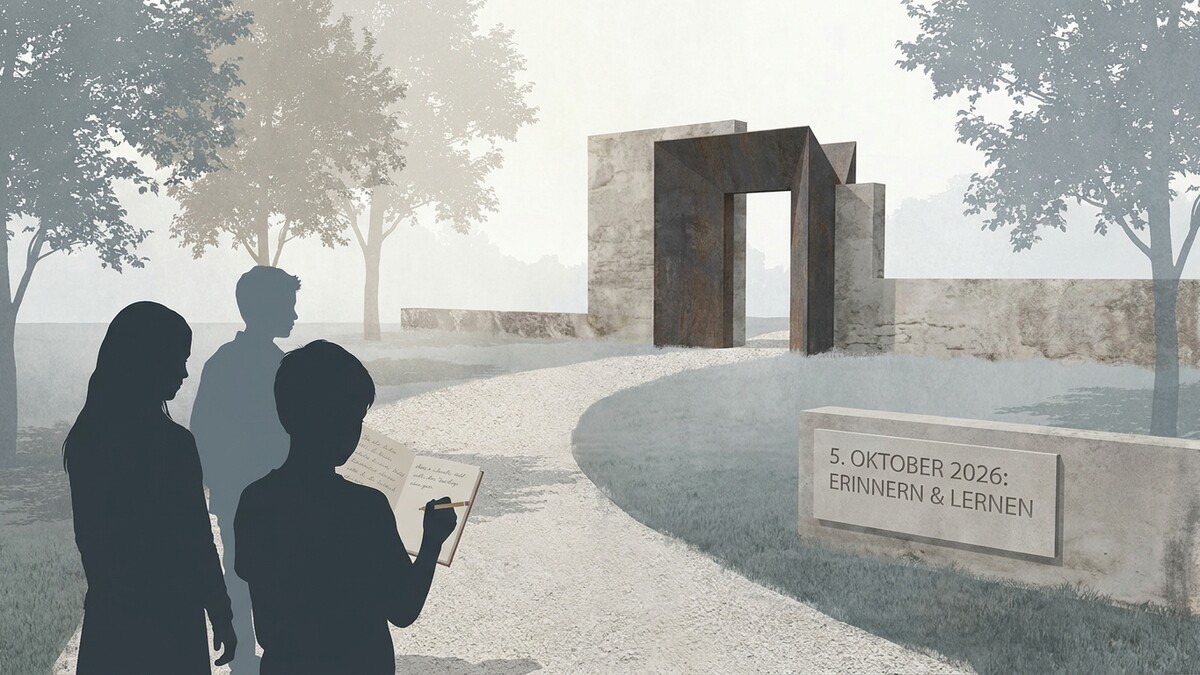 Denkmal für den 5. Oktober 2026: Erinnern & Lernen mit drei Silhouetten von Kindern vor einer modernen Architektur.