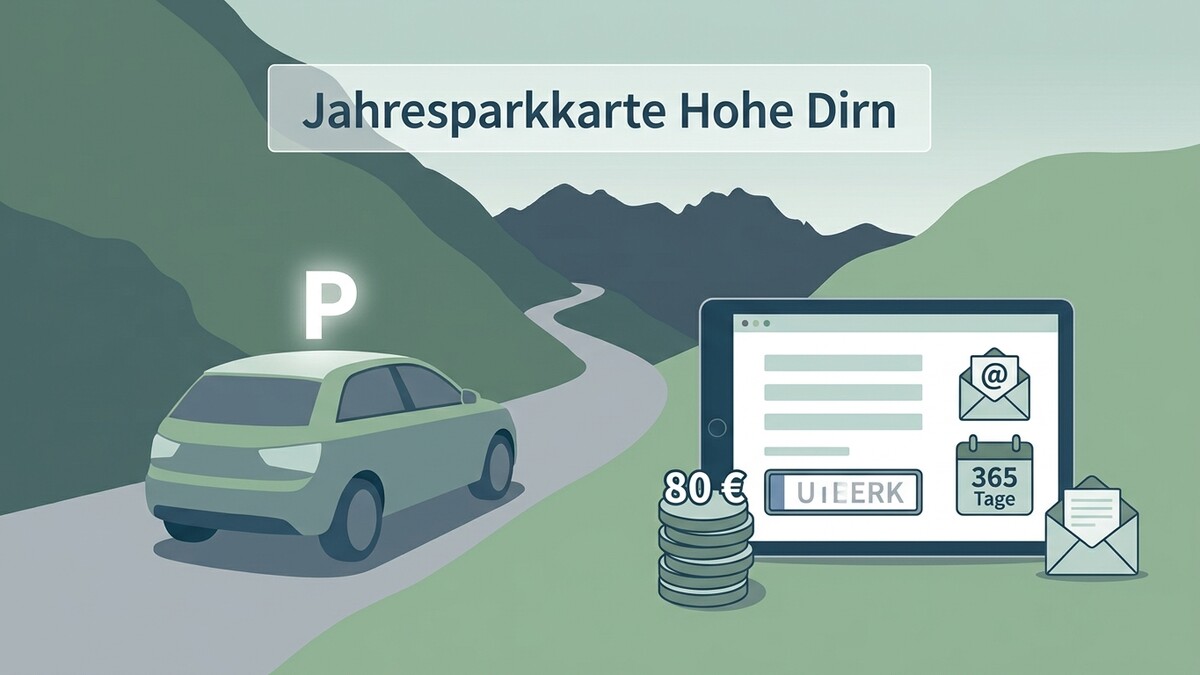 Jahresparkkarte Hohe Dirn mit Auto, Tablet und Münzen im Gebirge