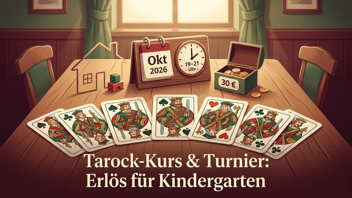 Tarockkarten, Kalender mit Oktober 2026, Uhr, Spendenbox mit 30€ und Haus-Symbol