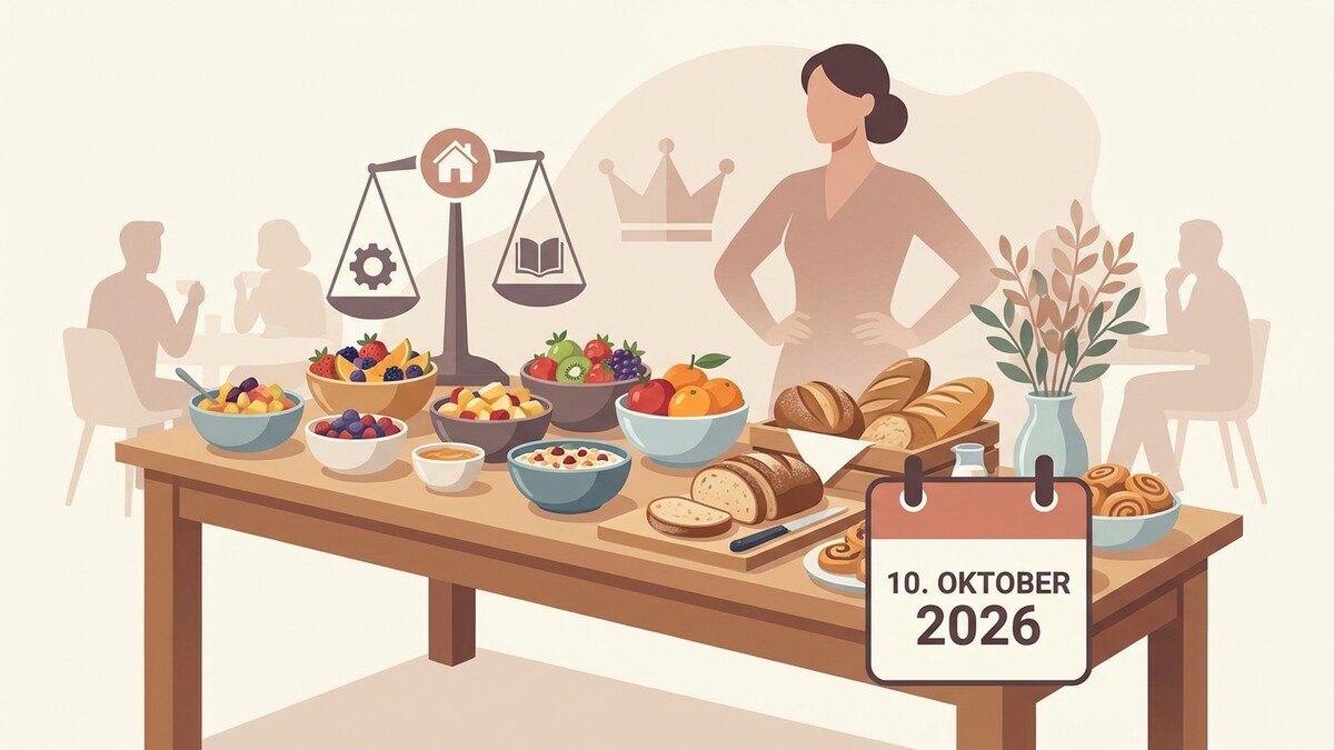 Tisch mit Obst, Gebäck und Waage, im Hintergrund eine Frau und Silhouetten von Menschen